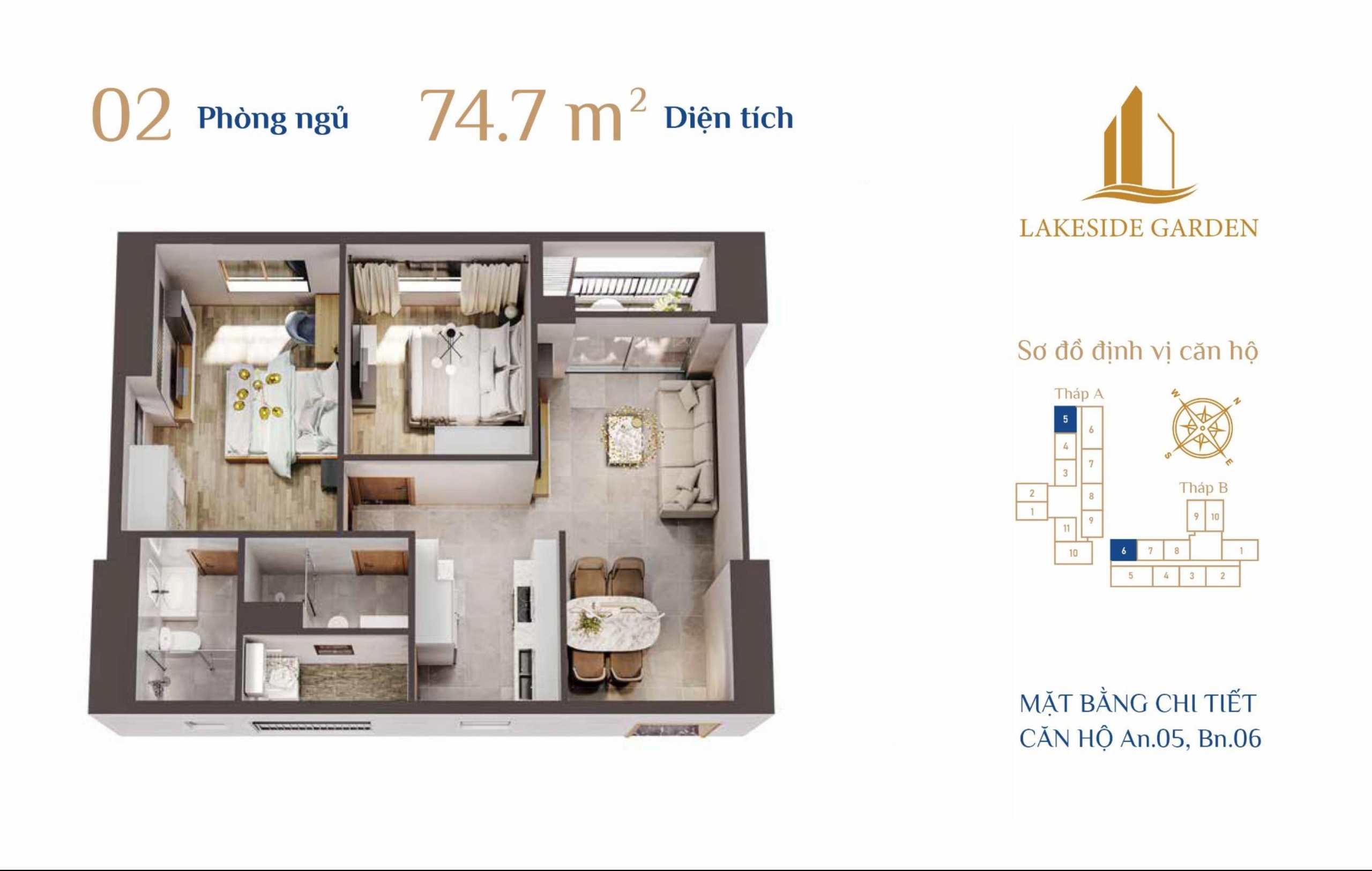 Layout căn hộ 2 phòng ngủ Lakeside Garden Hải Phòng