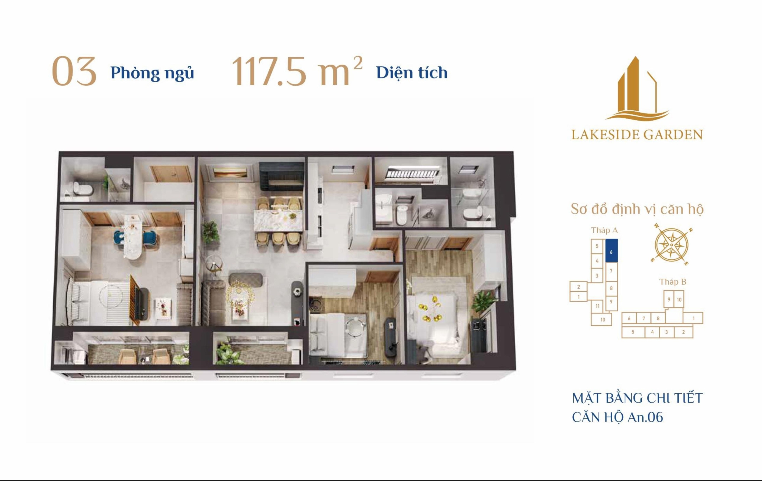 Layout căn hộ 3 phòng ngủ Lakeside Garden Hải Phòng