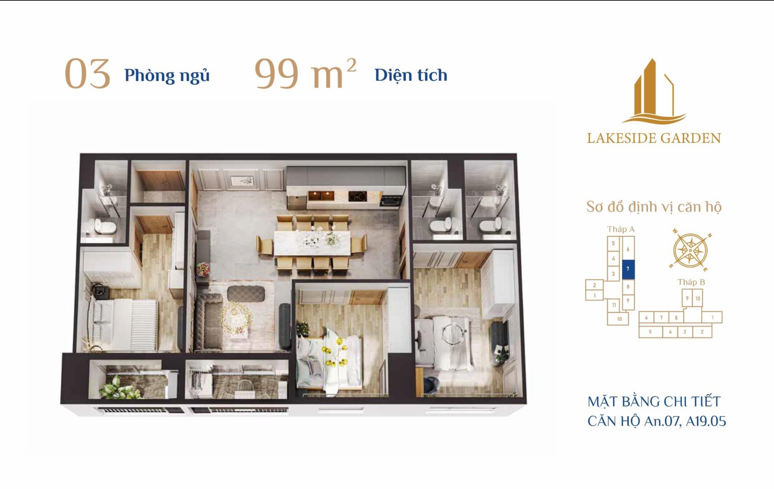 Layout căn hộ 3 phòng ngủ Lakeside Garden Hải Phòng